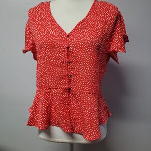 Bahia Ruby Blouse Red White Polka Dot Button Luxury Flutter Sleeve Peplum Medium
